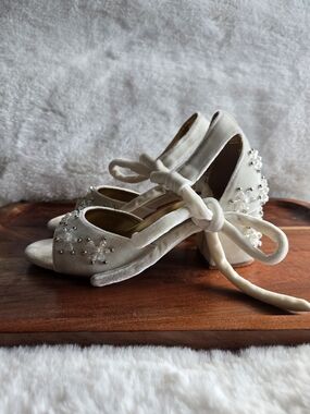 Ivory Satin Peep-Toe Heels with Pearl & Crystal Accents